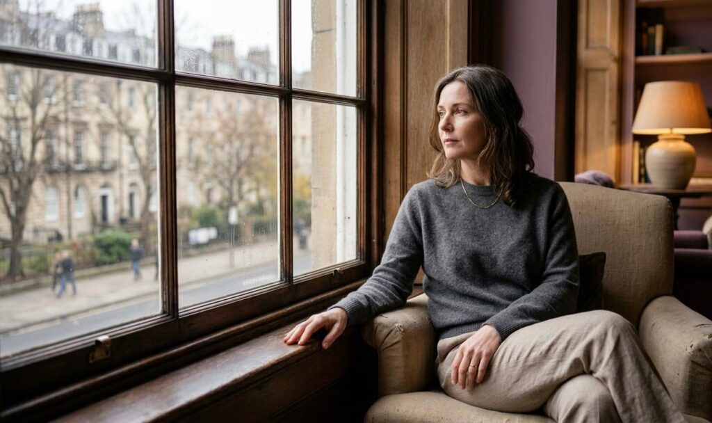 Mujer junto a una ventana con expresión distante que refleja el vacío emocional interior Descripción: Imagen editorial de una mujer de mediana edad que mira al exterior desde una ventana, representando la sensación de desconexión emocional