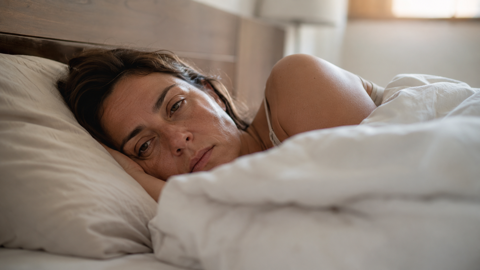 Mujer despierta en la cama con gesto de cansancio, aunque ha dormido sus horas