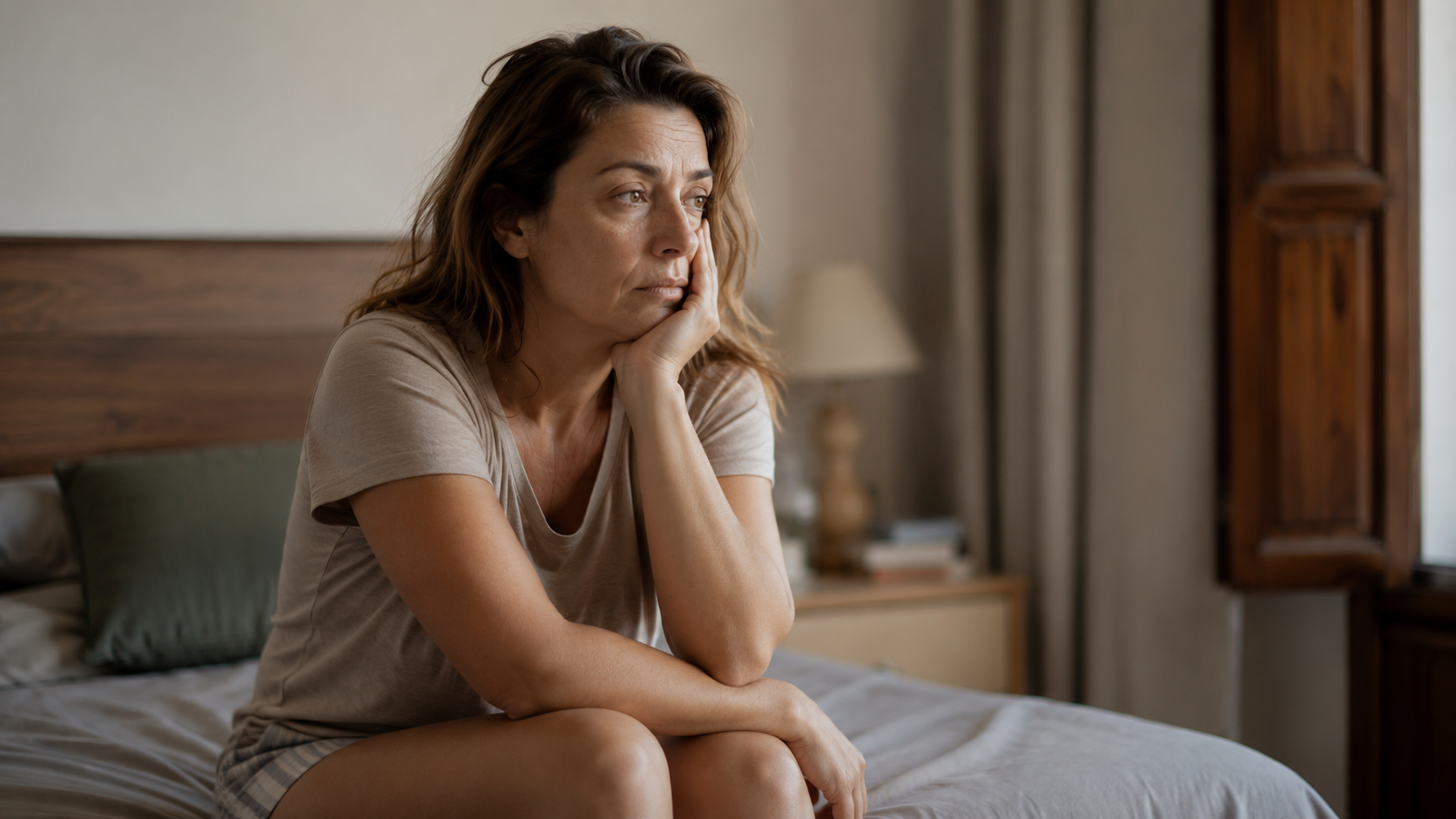 Mujer sentada al borde de la cama con la mirada perdida, cuerpo con peso de cansancio acumulado