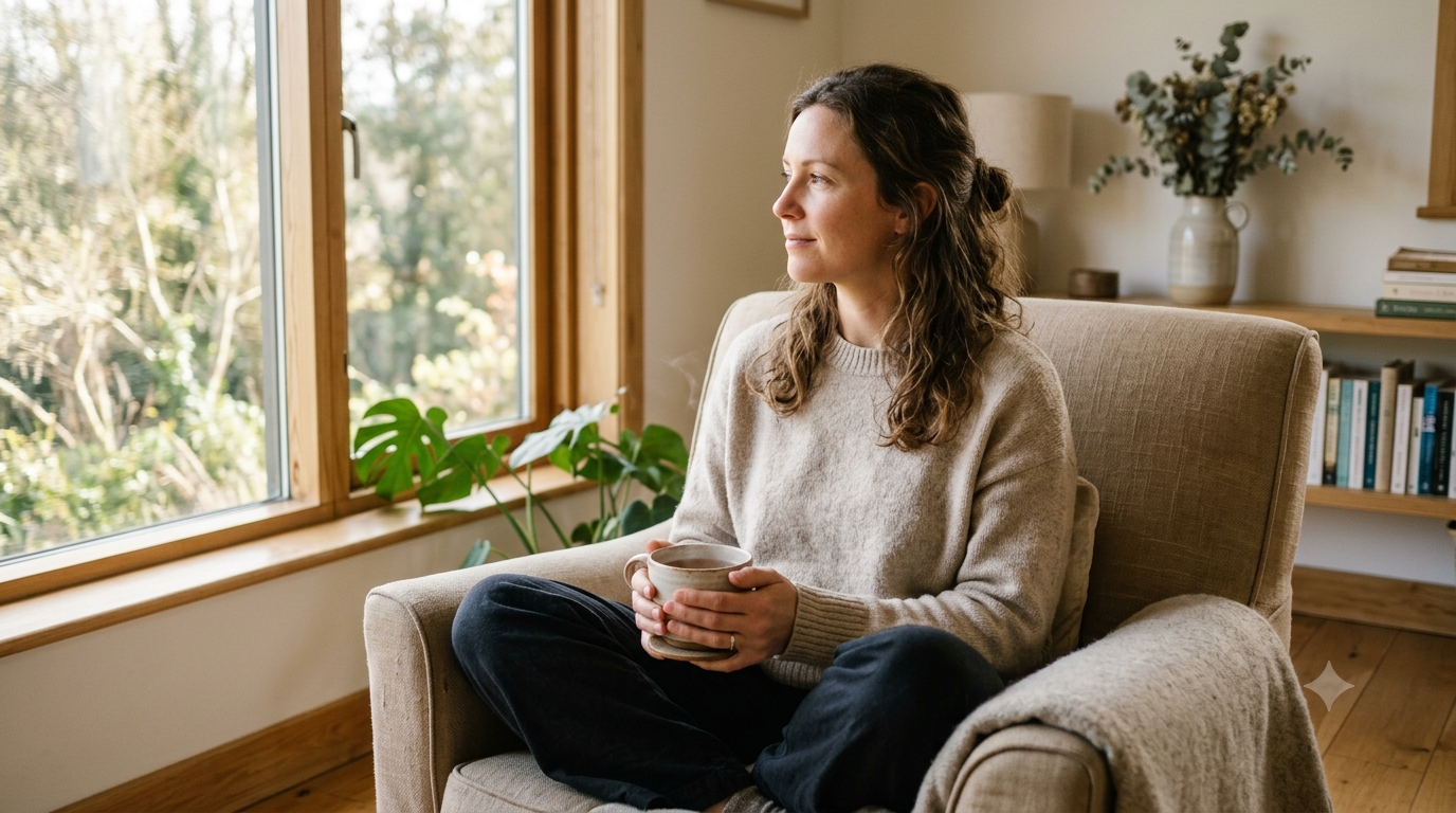 Mujer en un momento de calma real junto a una ventana, con una taza en las manos y sin dispositivos