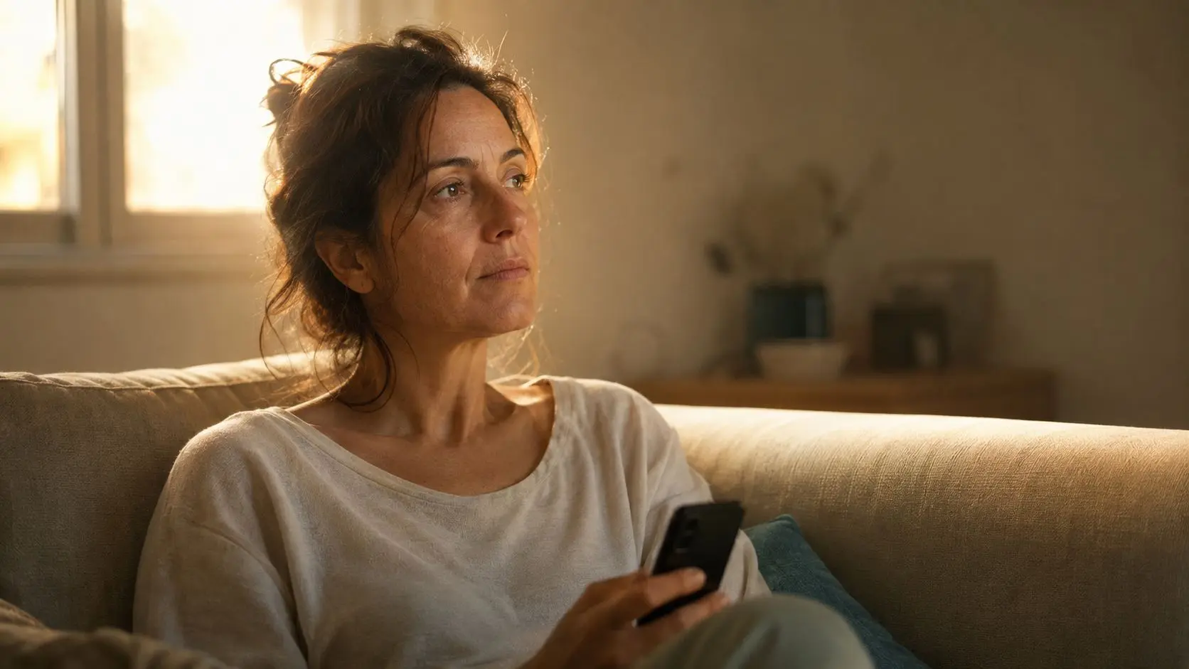 Mujer sin ganas de nada mirando el móvil sin interés en el salón de casa