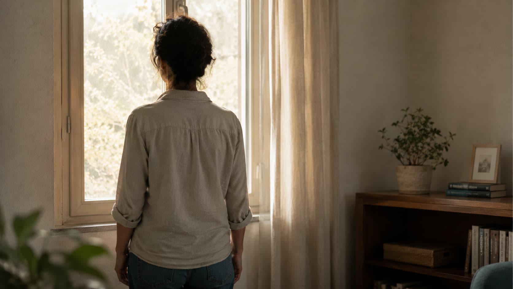 Mujer de espaldas frente a la ventana sin saber qué le apetece hacer